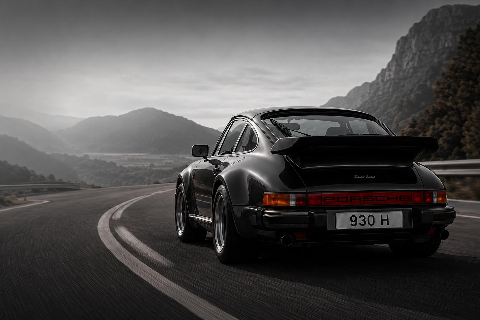 Porsche 911 histórico circulando por una carretera de montaña