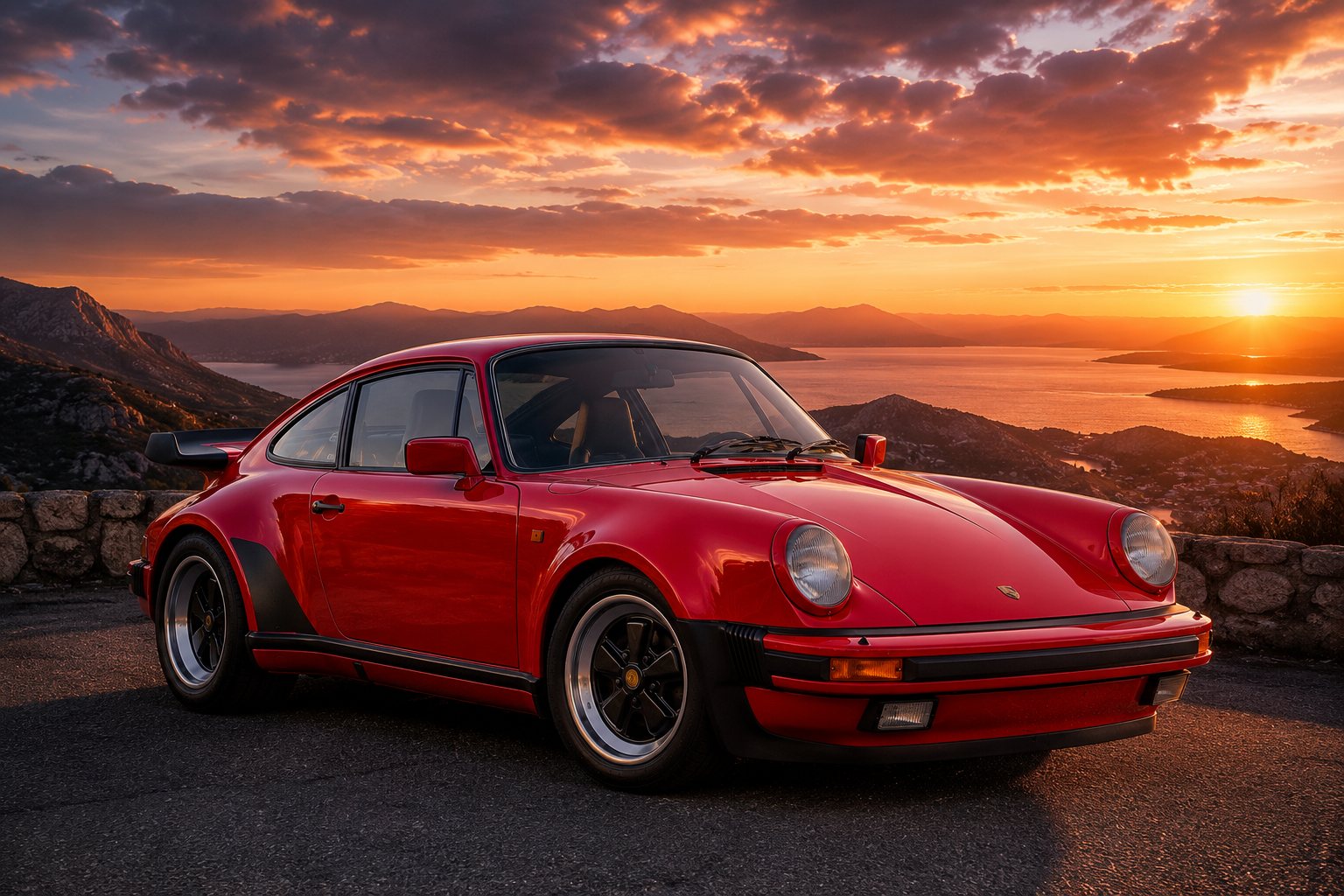 Porsche 911 clásico rojo en un mirador de montaña al atardecer, con el mar al fondo